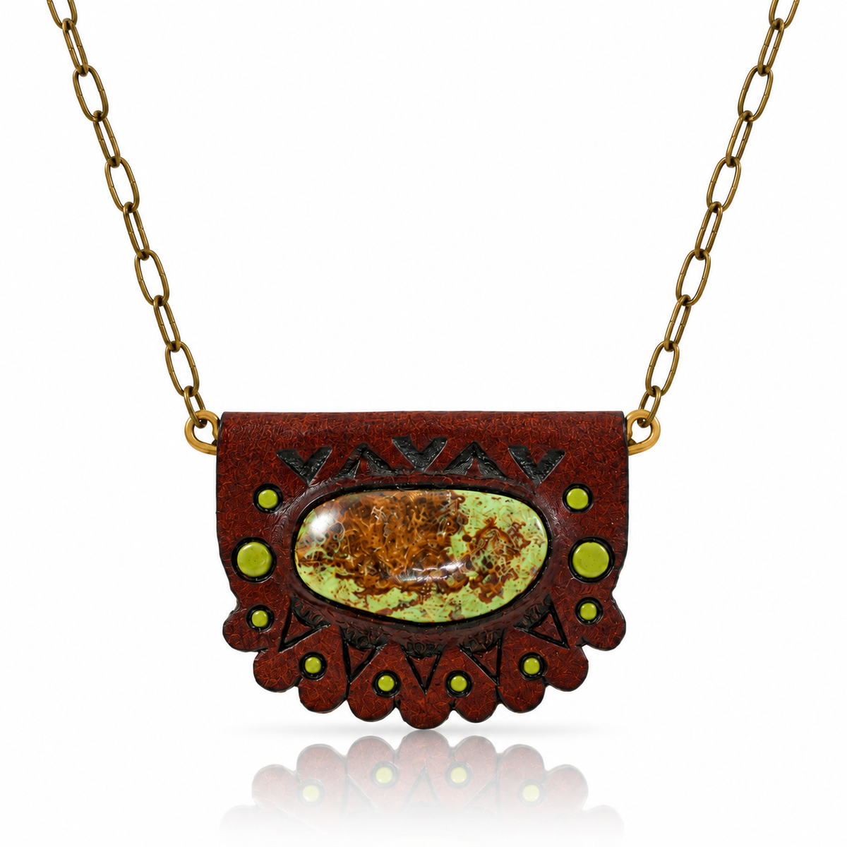 Handmade Gaspeite necklace by Kelly Horrigan featuring a natural green gemstone in scalloped hand-painted brown leather with brass chain and decorative green accents.