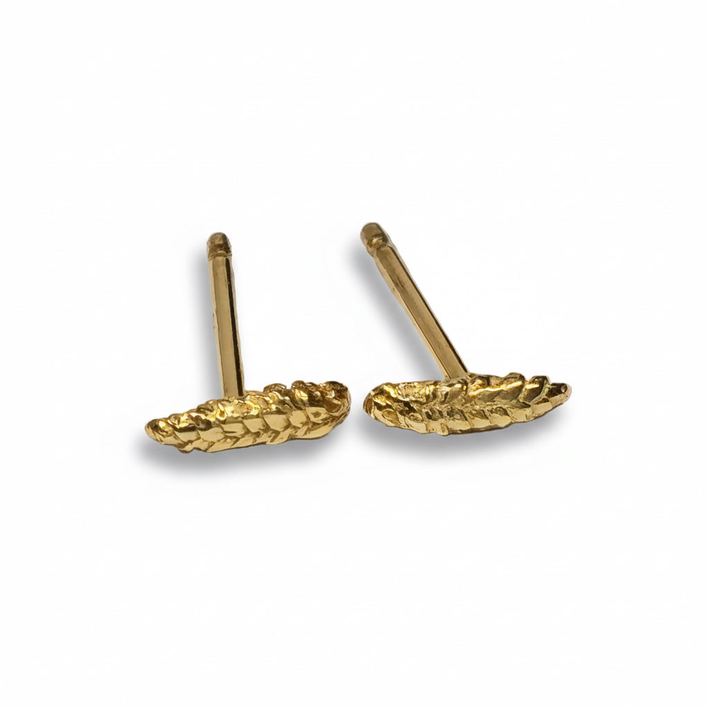 Hand-carved Gluten Free Stud Earrings by Alexis Pavlantos in solid 14k yellow gold, featuring miniature wheat shaft designs with delicate textured details.
