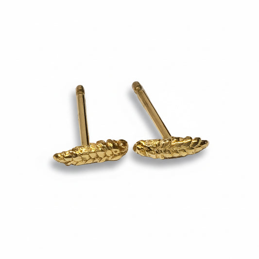 Hand-carved Gluten Free Stud Earrings by Alexis Pavlantos in solid 14k yellow gold, featuring miniature wheat shaft designs with delicate textured details.