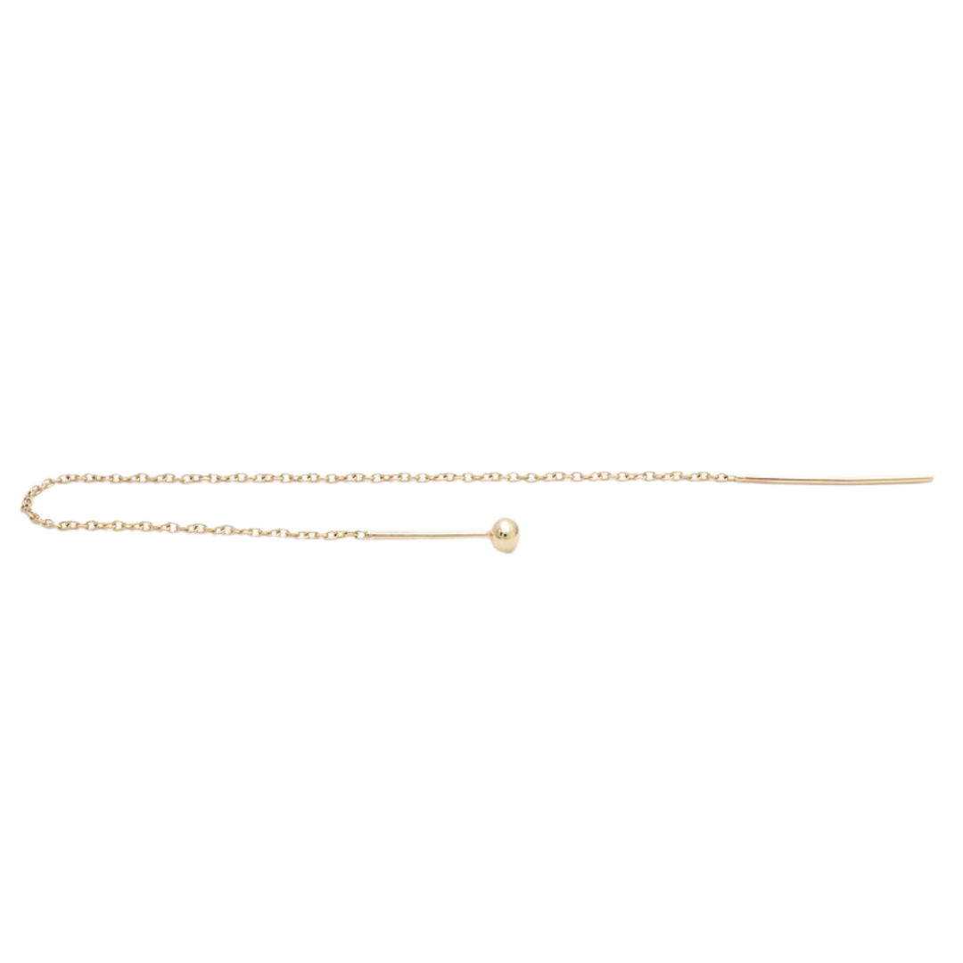 Product image of the 14k gold chain threader earring laid flat to show chain length.