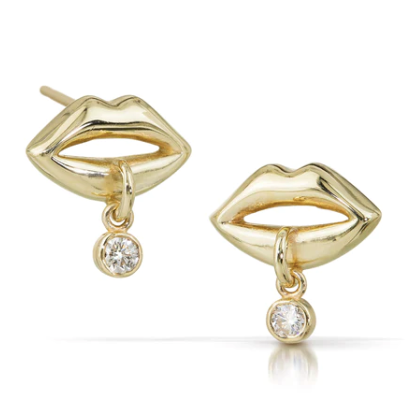 Michaela Farkasovska sculptural lips stud earrings in 14k yellow gold, each featuring a small dangling white diamond.
