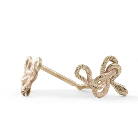 Side view of the 14k solid yellow gold Snake Guardian Stud Earrings showing their sculptural snake shapes and post backs.