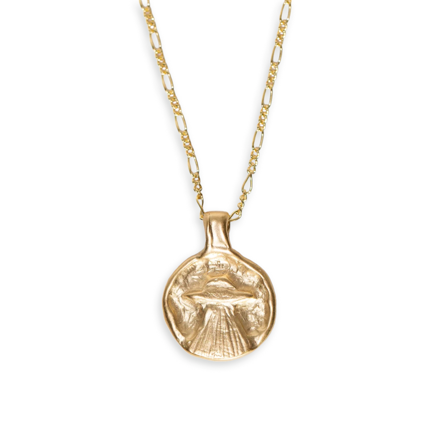 Front view of the gold vermeil UFO pendant necklace featuring the sculptural Goin’ Home design.