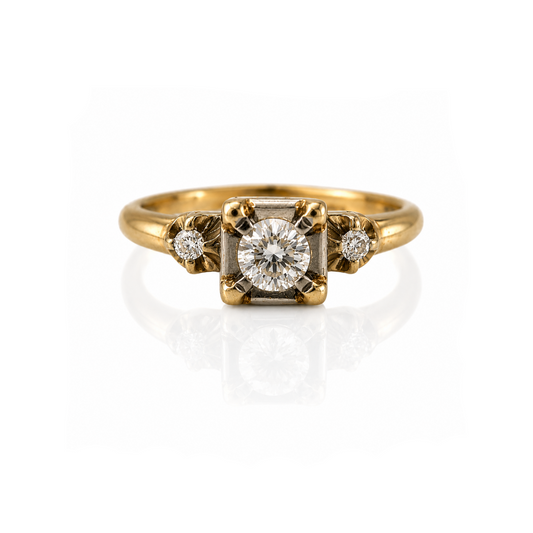 Vintage Illusion Set Diamond Engagement Ring - Mid Century 14K Yellow Gold Ring - Retro Diamond Ring