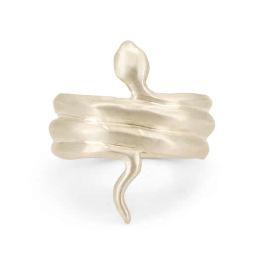 Sculptural sterling silver snake ring by Erin Cuff featuring a coiled serpent design with layered bands and organic texture.