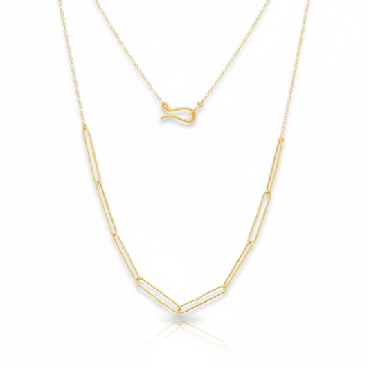 Handcrafted gold paperclip necklace by Erin Cuff featuring elongated 18k yellow gold links, a delicate 14k gold cable chain, and an S-hook clasp.