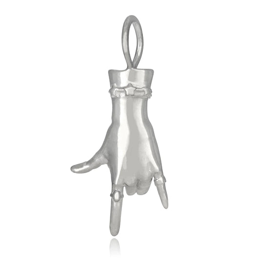 Hand-carved sterling silver I Love You charm by Maura Green, featuring the American Sign Language hand gesture with a sculptural finish.
