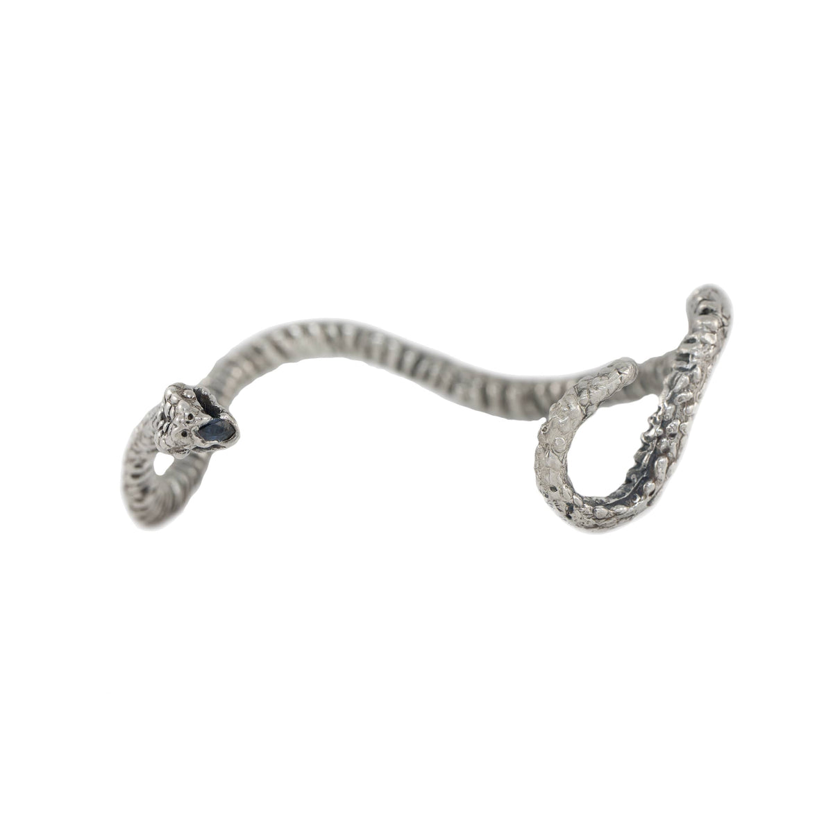 Alternate view of the handcrafted sterling silver Ichos Snake Cuff showing its adjustable open shape, detailed snake scales, and gemstone-set mouth.