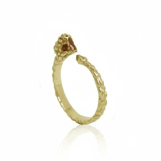 Hand-carved Ichos Snake Ring in recycled 14k yellow gold by Alexis Pavlantos, featuring a textured serpent design and natural marquise-cut ruby.