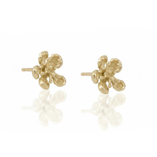 Pair of handcrafted Kinetic Flower Stud Earrings in solid 14k yellow gold by Alexis Pavlantos, featuring sculptural petals and organic floral texture.