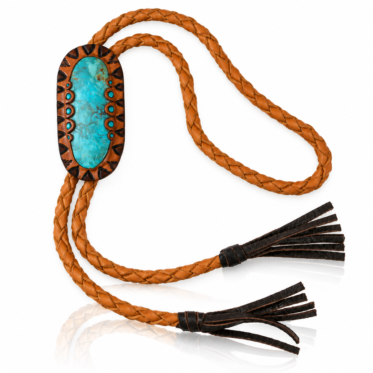 Handmade Kingman turquoise bolo tie by Kelly Horrigan featuring a large natural blue turquoise stone in scalloped tan leather with braided deerskin cord and black leather tassels.
