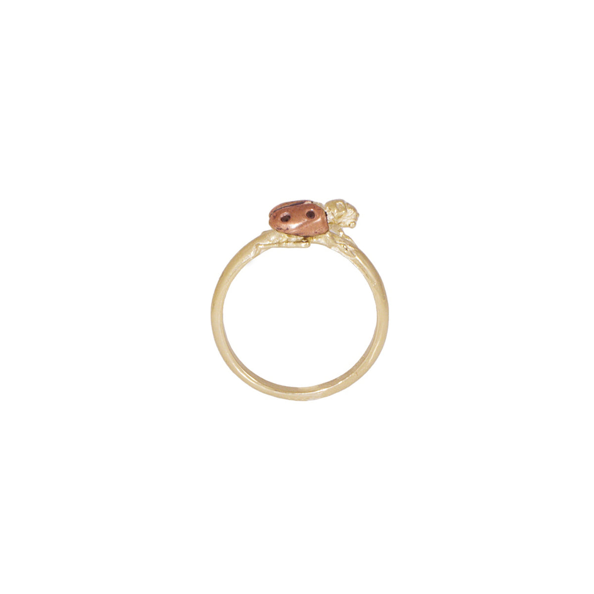 Full profile of the 14k yellow gold Ladybug Ring showing its delicate gold band and sculptural rose gold ladybug setting with black diamond accents.
