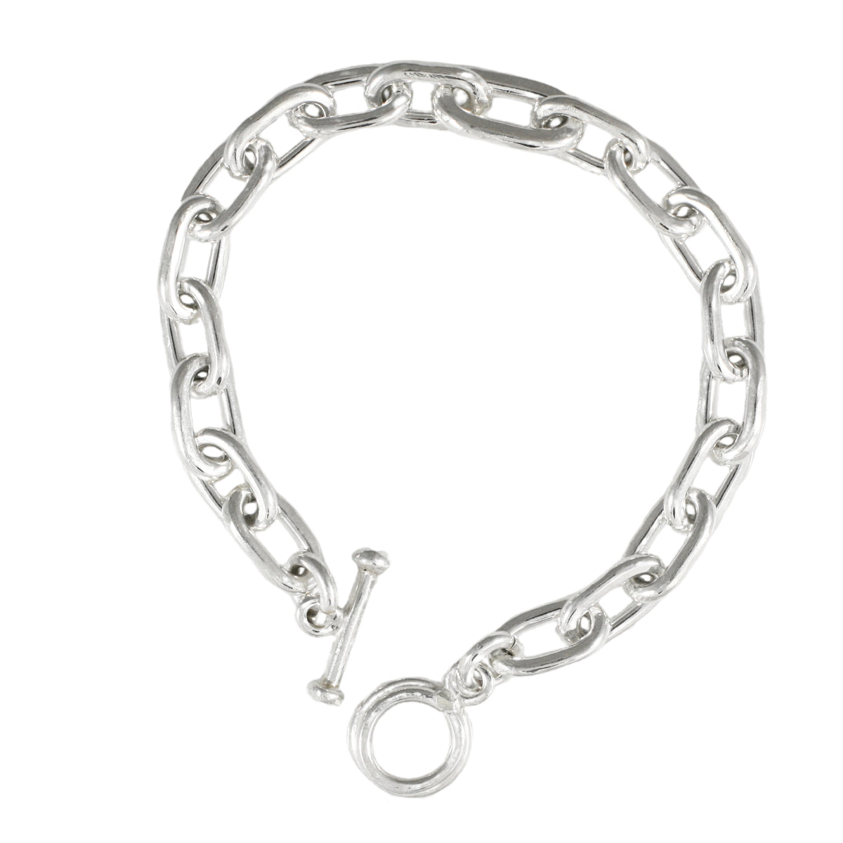 Full view of the Lambert Eustace chunky sterling silver chain bracelet arranged in a circle, showing its oversized links and toggle closure.