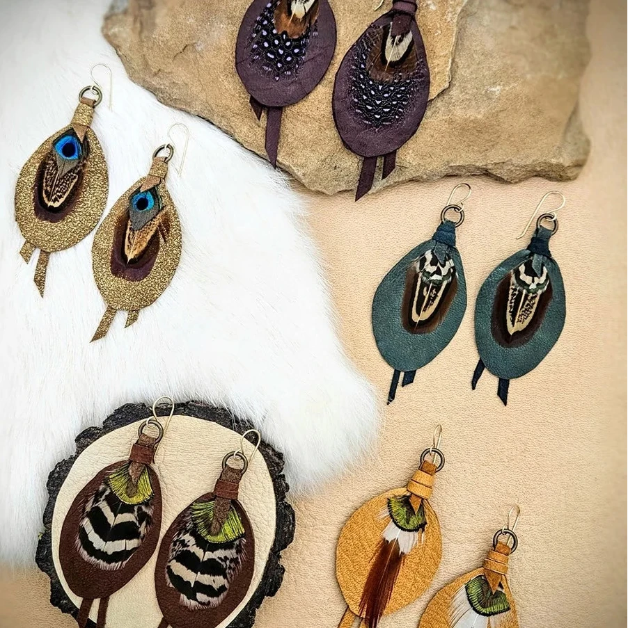 Leather & Feather Petite Earrings - Emerald
