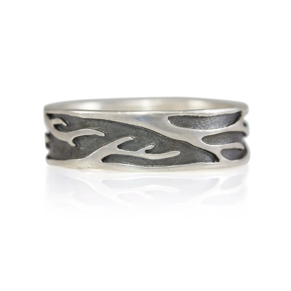 Birch Band Ring by Luana Coonen in oxidized sterling silver on white background