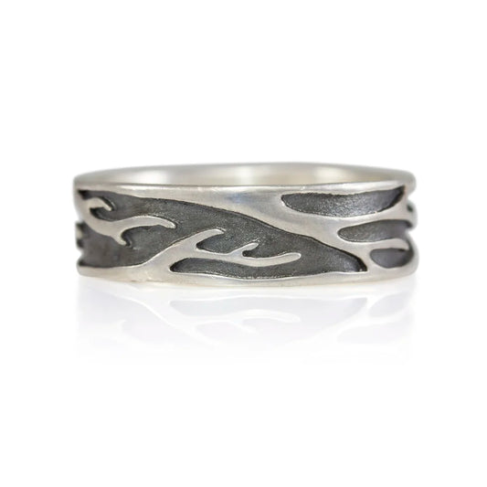 Birch Band Ring by Luana Coonen in oxidized sterling silver on white background