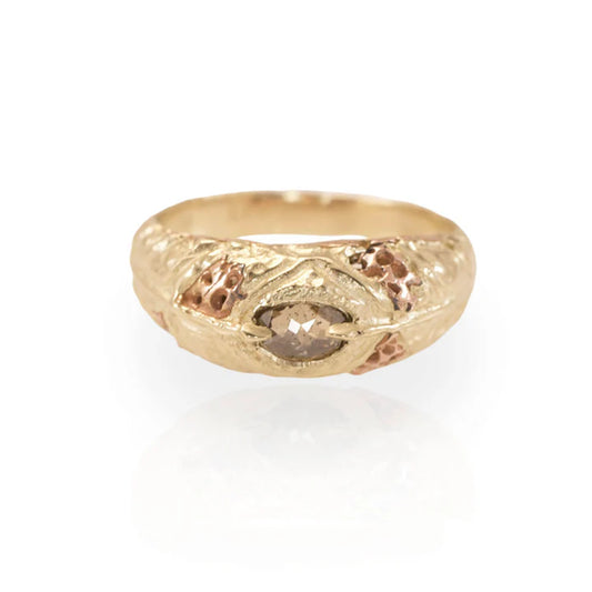Macro Litterfall Ring by Alexis Pavlantos in 14k yellow and rose gold, featuring hand-carved leaf textures and a 0.28ct natural double-cut diamond.