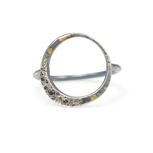 Mahina Crescent Moon Ring by Luana Coonen, handcrafted in sterling silver with an 18k yellow gold accent and three black diamonds.