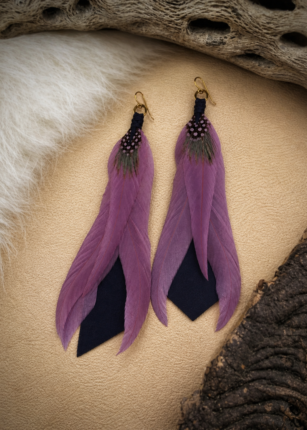 Lavender Feather Drop Earrings - Repurposed Leather