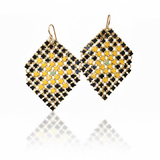 Asterisk Earrings by Maral Rapp, featuring geometric black and gold recycled vintage flapper purse mesh with 14k gold-filled ear wires.