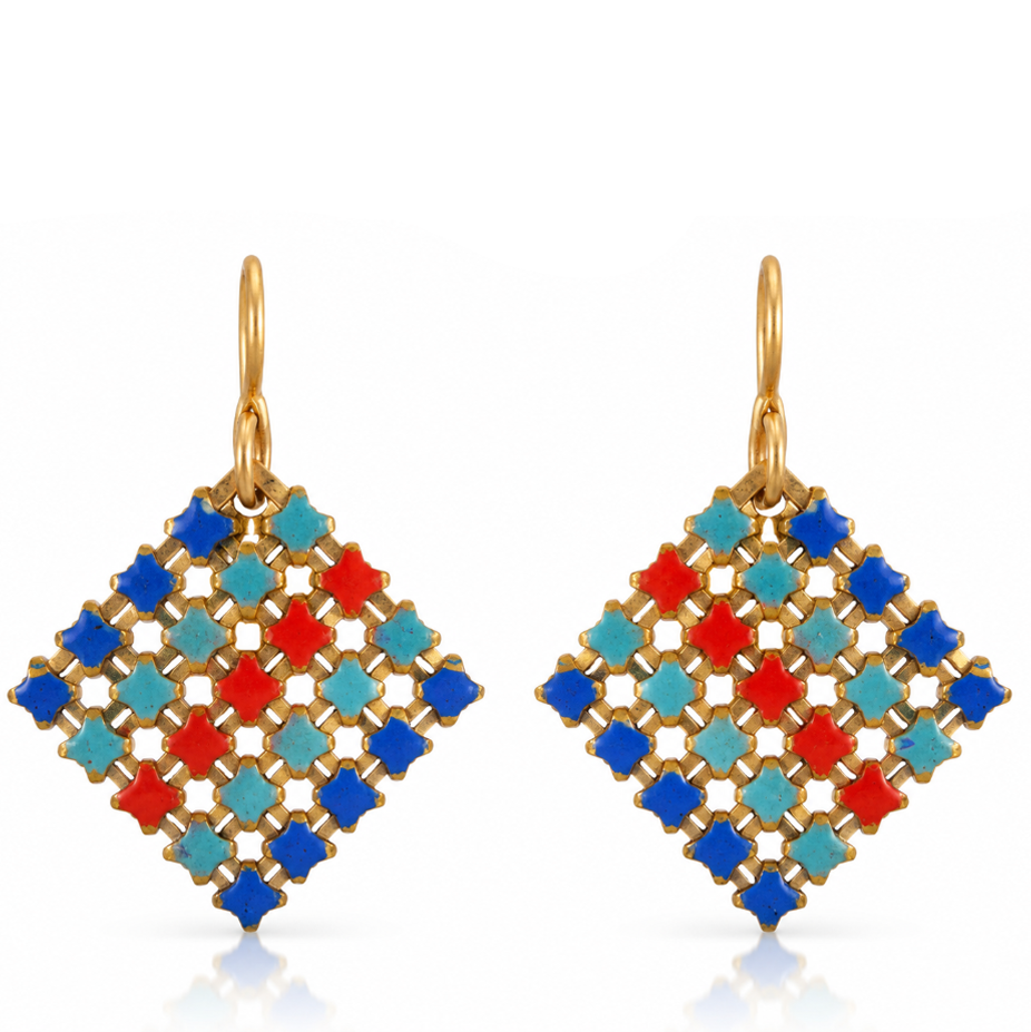 Blue Crush Mini Earrings by Maral Rapp, featuring diamond-shaped recycled vintage metal mesh in cobalt blue, turquoise, red, cream and gold with 14k gold-filled ear wires.