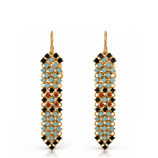 Desert Flower Earrings by Maral Rapp, handcrafted from recycled vintage flapper purse mesh in turquoise blue, warm orange, black, cream and gold with 14k gold-filled ear wires.