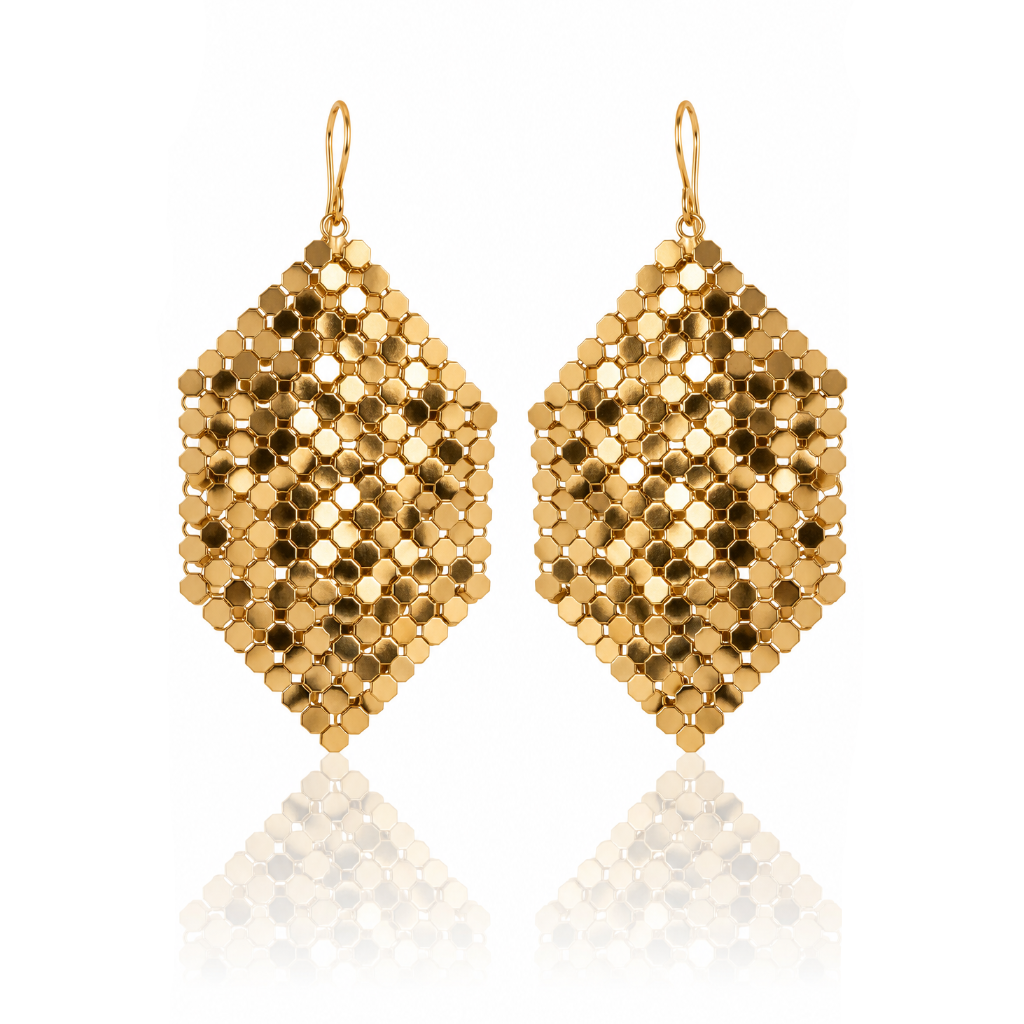 Gold Banner Earrings by Maral Rapp, handcrafted from recycled vintage gold-tone metal mesh with geometric banner shapes and 14k gold-filled ear wires.