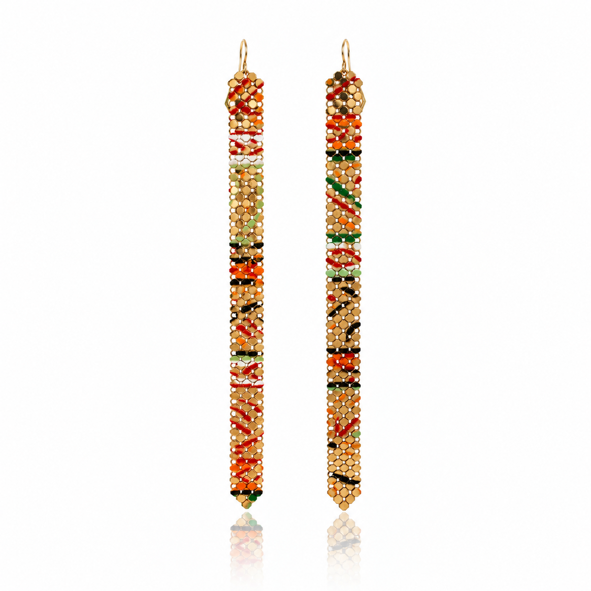 Graffiti Shoulder Duster Earrings by Maral Rapp, featuring colorful recycled vintage metal mesh in long, slender drops with 14k gold-filled ear wires.