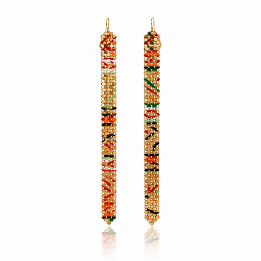 Graffiti Shoulder Duster Earrings by Maral Rapp, featuring colorful recycled vintage metal mesh in long, slender drops with 14k gold-filled ear wires.