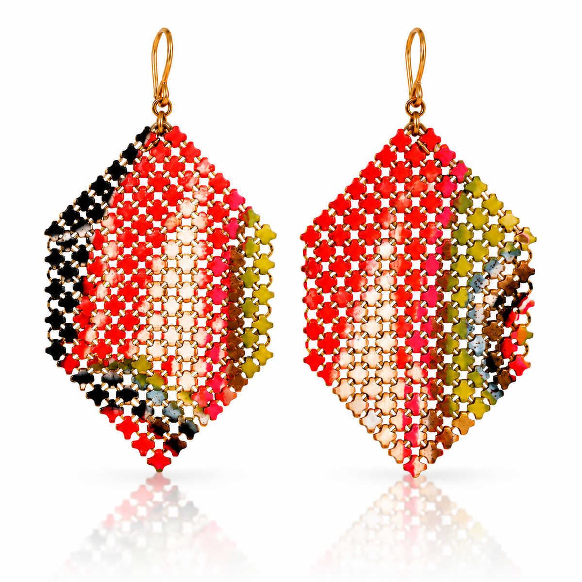 Palms Earrings by Maral Rapp, featuring geometric recycled vintage flapper purse mesh in vibrant orange-red, black, gold and earthy green with 14k gold-filled ear wires.