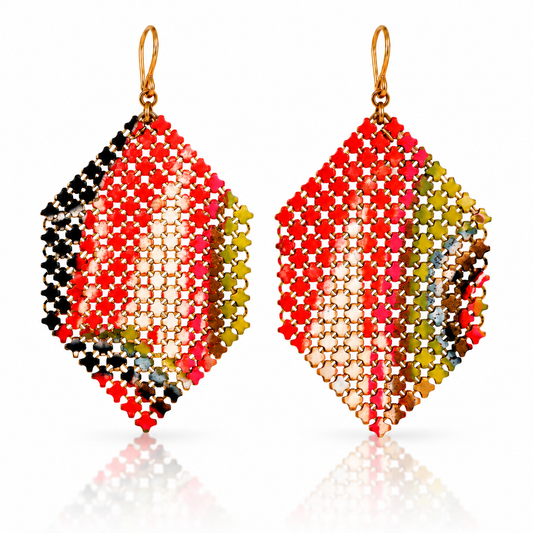 Palms Earrings by Maral Rapp, featuring geometric recycled vintage flapper purse mesh in vibrant orange-red, black, gold and earthy green with 14k gold-filled ear wires.