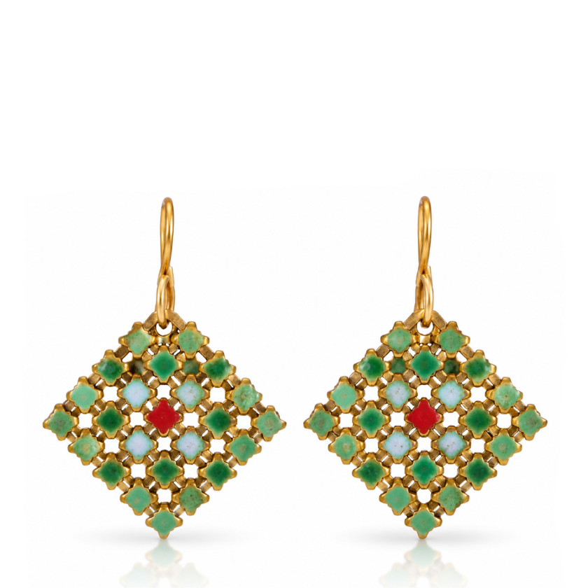 Pimento Mini Earrings by Maral Rapp, handcrafted from recycled vintage flapper purse mesh in green, pimento red, cream and gold with 14k gold-filled ear wires.