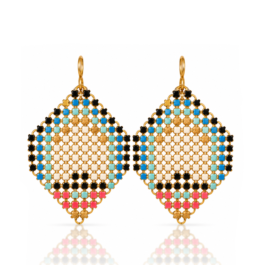 Rosehip Lantern Earrings by Maral Rapp, handcrafted from recycled vintage flapper purse mesh with lantern-shaped geometric patterns in turquoise blue, black, gold, cream and bright red, finished with 14k gold-filled ear wires.