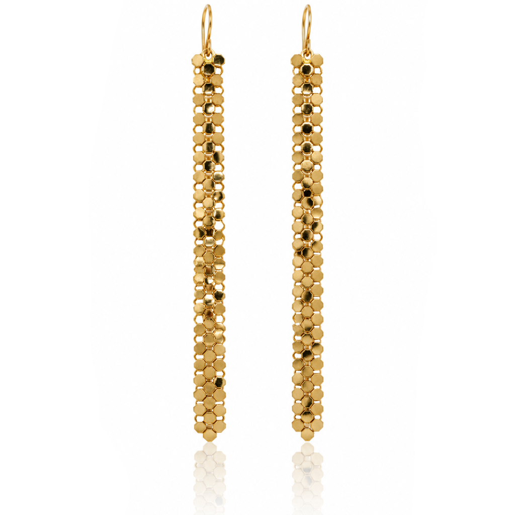 Slim Gold Earrings by Maral Rapp, featuring long, narrow recycled vintage metal mesh drops in warm gold with dark accents and 14k gold-filled ear wires.