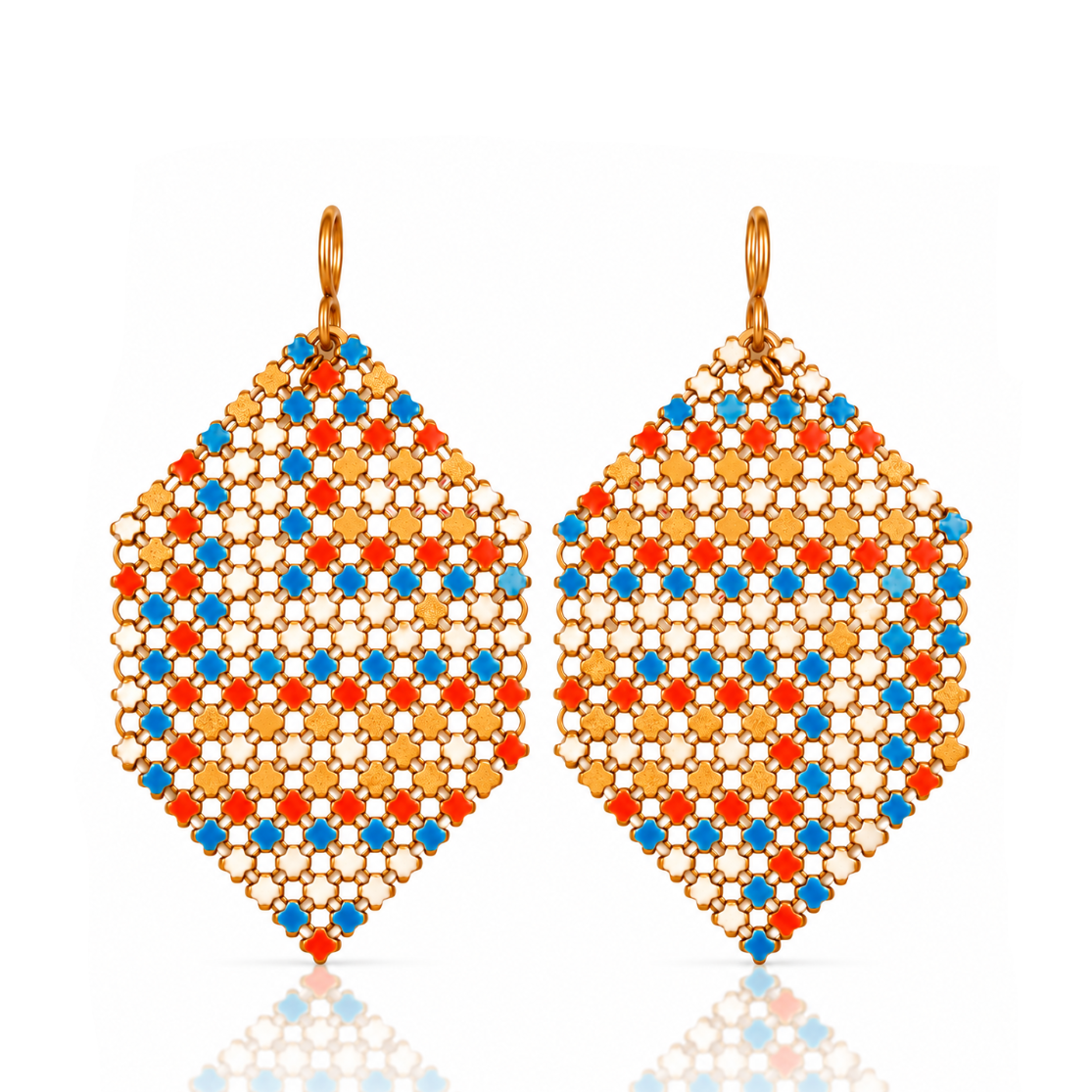 Verano Earrings by Maral Rapp, handcrafted from recycled vintage flapper purse mesh with vibrant orange, turquoise blue, silver and gold geometric patterns and 14k gold-filled ear wires.
