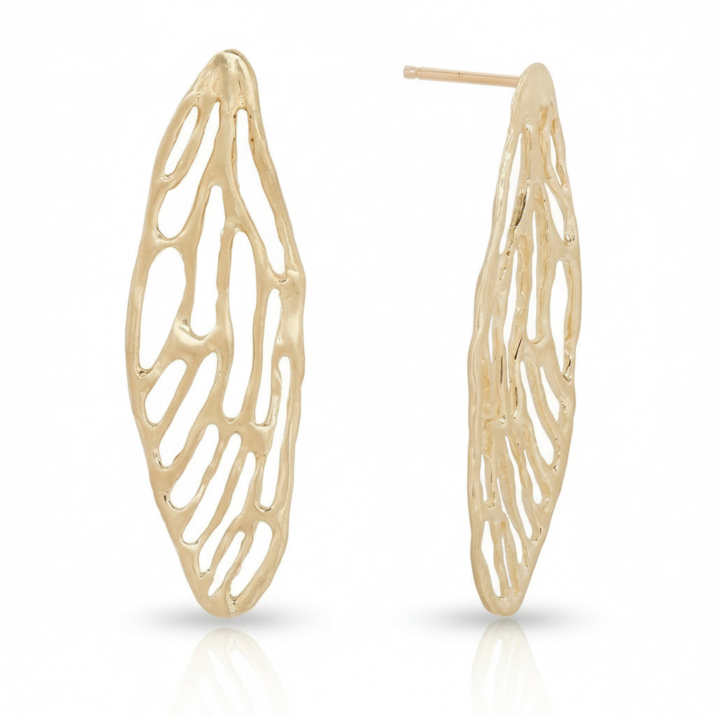 Front and side views of 14k yellow gold cicada wing stud earrings showing their lightweight openwork design and straight posts.
