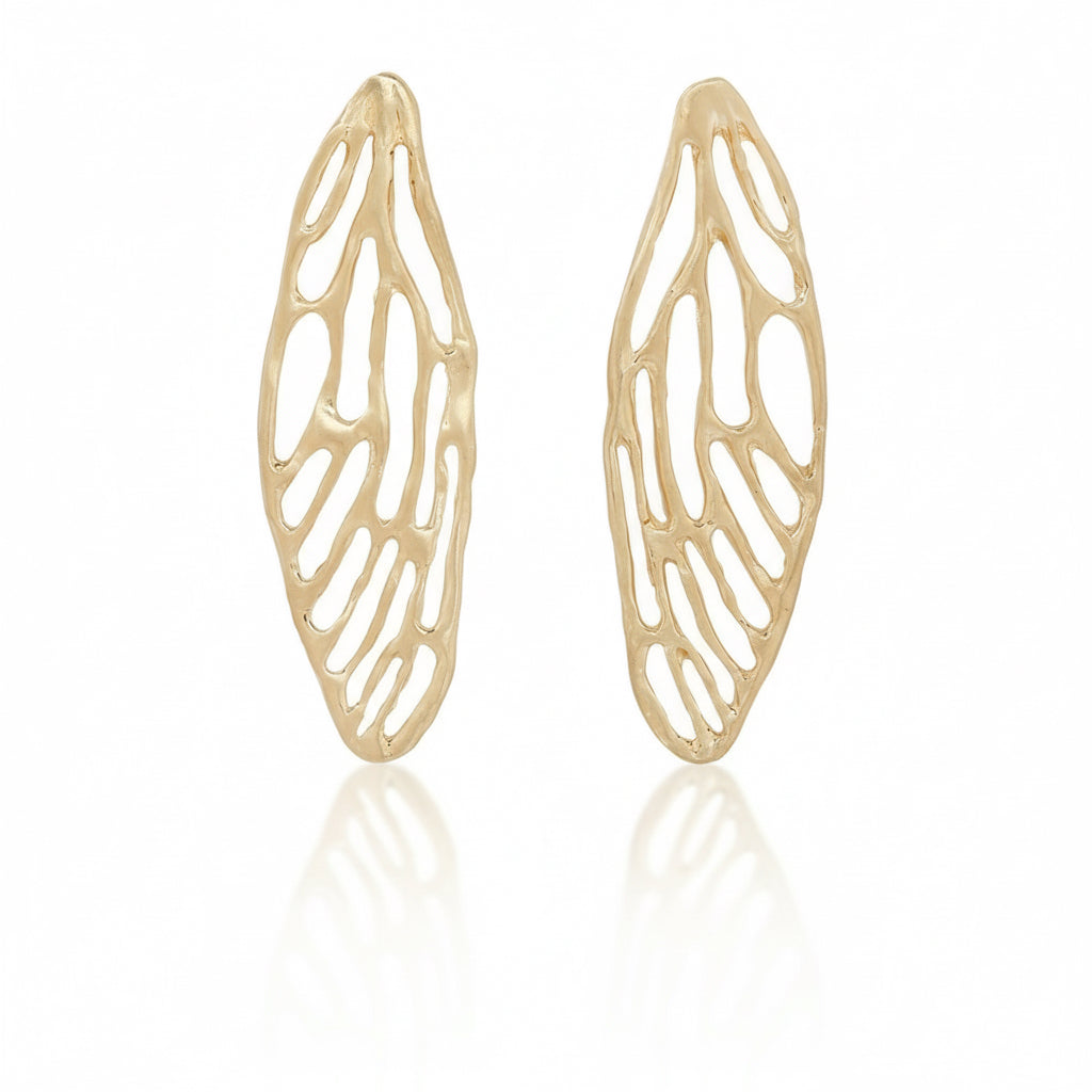 Pair of handcrafted Medium Cicada Wing Earrings in 14k yellow gold by Alexis Pavlantos, featuring delicate openwork wing patterns.
