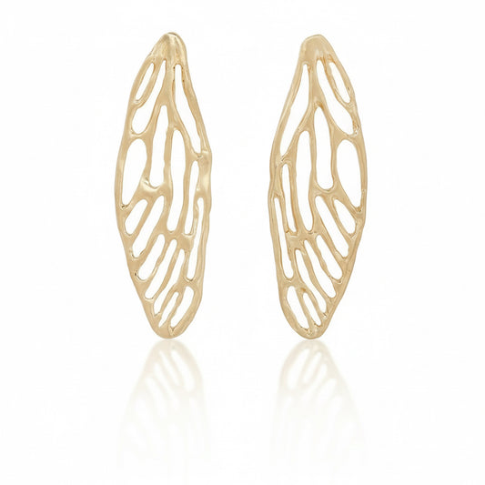 Pair of handcrafted Medium Cicada Wing Earrings in 14k yellow gold by Alexis Pavlantos, featuring delicate openwork wing patterns.