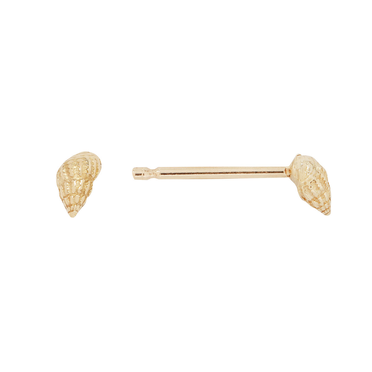 Front and side views of miniature 14k yellow gold wentletrap seashell stud earrings, showing intricate shell texture and straight friction posts.