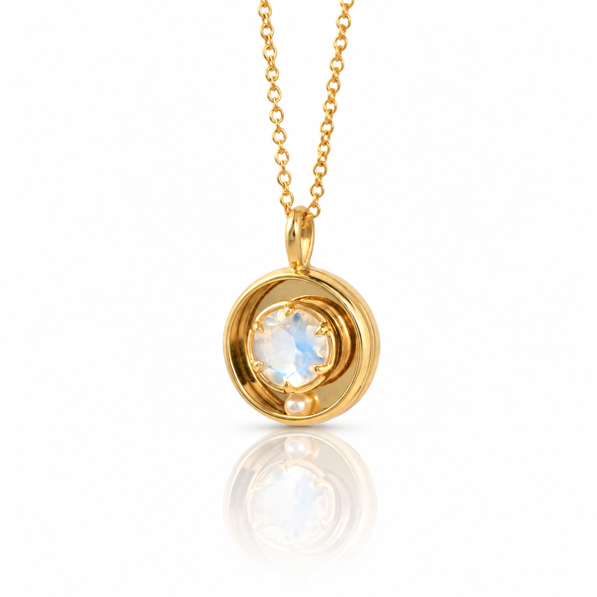 Kinetic Pearl & Rainbow Moonstone Pendant - 14K Gold