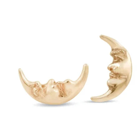 Michaela Farkasovska Moon Whisperer Stud Earrings handcrafted in 14k yellow gold, featuring sculptural crescent moon faces with delicate celestial details.