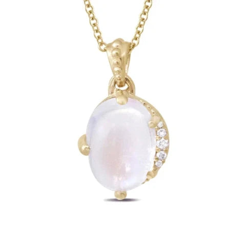 Michaela Farkasovska 14k yellow gold Crescent Moonstone Necklace featuring an oval moonstone framed by a crescent of white diamonds.