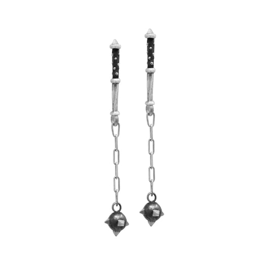 Chain Morningstar Earrings by Morgaine Faye in oxidized sterling silver, featuring long chain-link drops with dangling sculptural spiked morningstar charms.