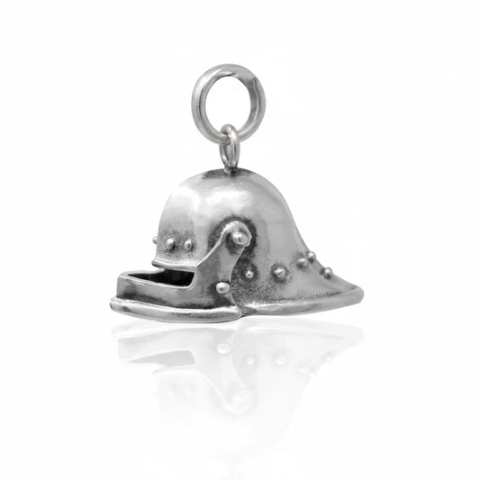 Lorenz sterling silver knight helmet charm by Morgaine Faye, featuring a sculpted medieval sallet helmet with a lifting visor, front view.