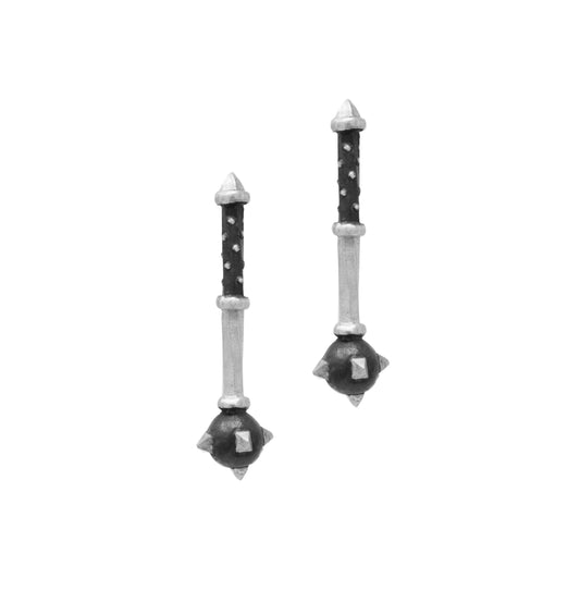 Morningstar Stud Earrings by Morgaine Faye in oxidized sterling silver, featuring long slender stems and spiked medieval-inspired heads.