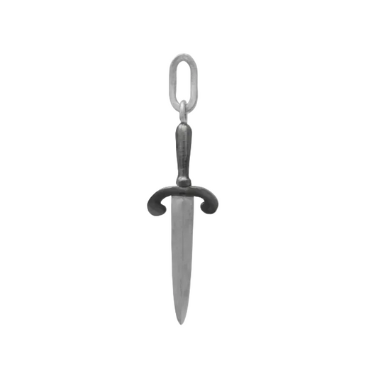 Parrying Dagger Earring Charm by Morgaine Faye in sterling silver, featuring a miniature medieval-style dagger with a sculptural crossguard and attachment loop.