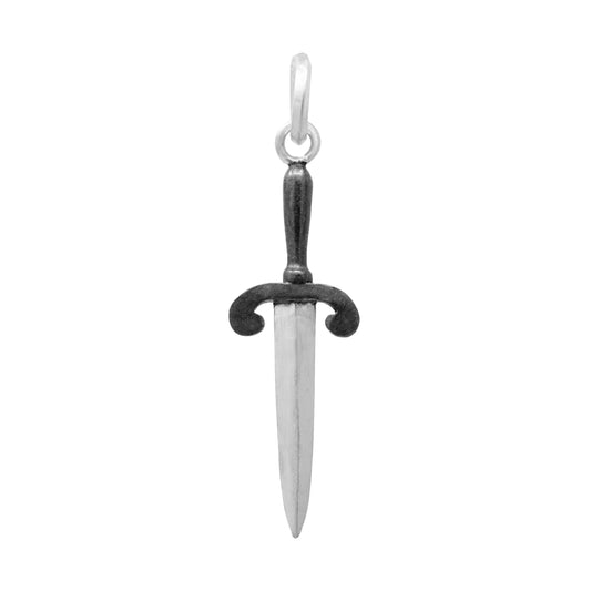 Parrying Dagger Pendant Charm by Morgaine Faye, handcrafted in oxidized sterling silver with a detailed medieval-inspired handle, straight blade, and top hanging loop.