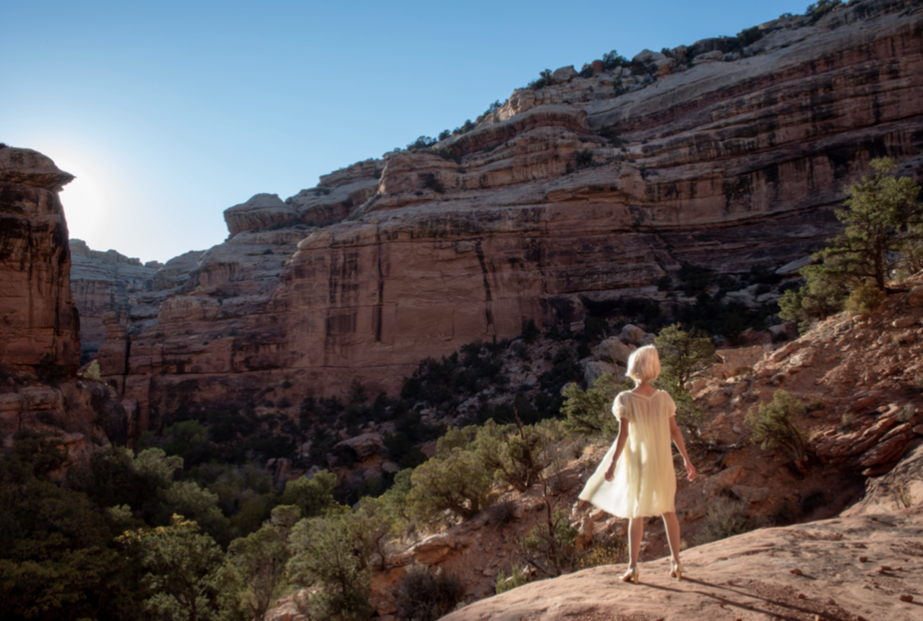Golden by Nicole Cudzilo, a fine art photography print capturing a solitary figure among sunlit red sandstone canyon walls in the American Southwest.