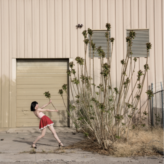 Wrestling by Nicole Cudzilo, an archival pigment photography print showing a lone figure in motion beside tall desert cacti and a neutral building.