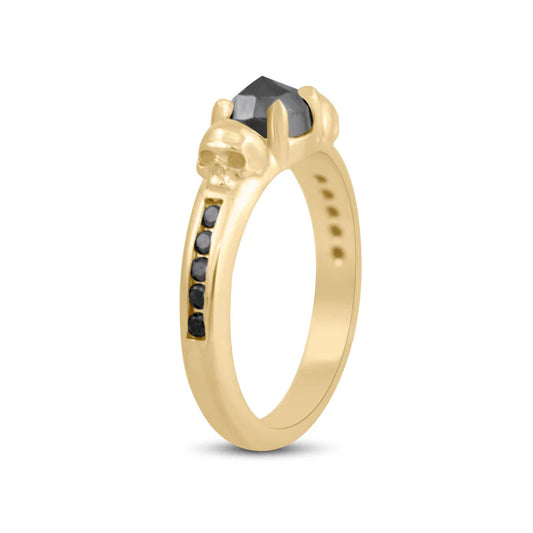 Michaela Farkasovska Nocturna’s Oath Ring in 14k yellow gold featuring a cushion rose-cut black diamond, channel-set black diamonds, and sculpted skull details.